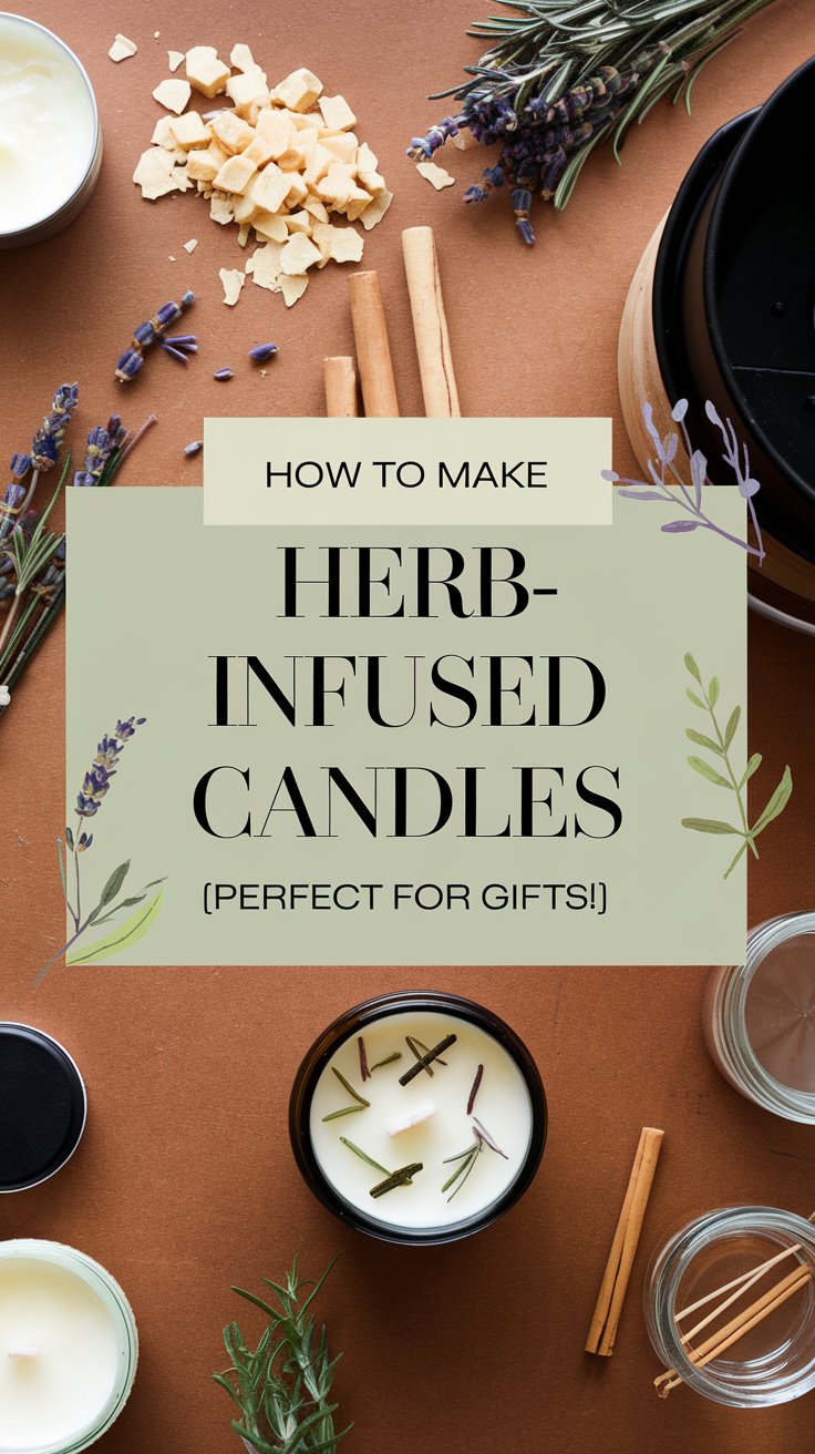 Learn how to make stunning herb-infused candles with dried lavender, rosemary, cinnamon, and essential oils! This step-by-step DIY tutorial walks you through the candle-making process, from melting wax to adding botanical elements. Perfect for gifts or creating a cozy, natural ambiance in your home! Pin now, try later! 