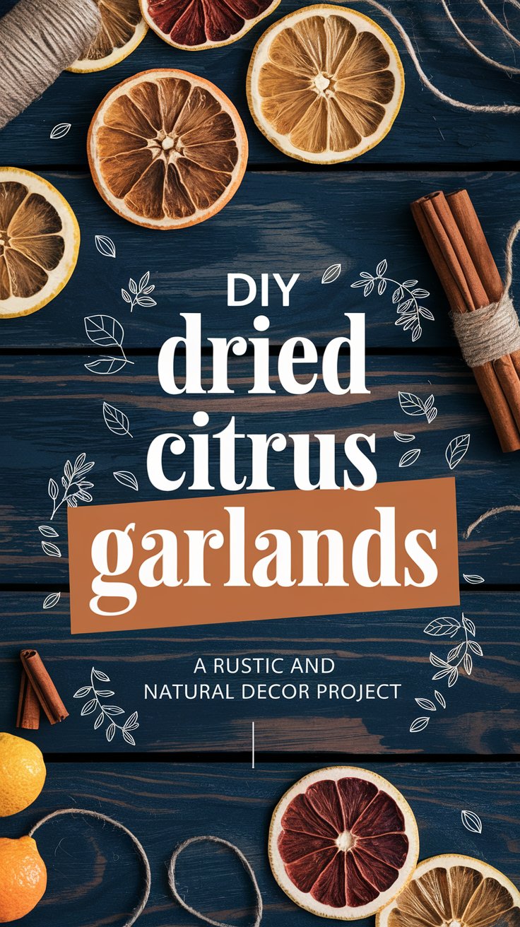 Flat-lay workspace featuring dried citrus slices, twine, cinnamon sticks, and a needle on a rustic wooden background. Arrange the citrus slices in a circular pattern, with twine and cinnamon sticks neatly placed beside them. In the center, add a Pinterest-style text overlay with the blog title "DIY Dried Citrus Garlands: A Rustic and Natural Decor Project" in bold, uppercase sans-serif font. Highlight key words like "Dried Citrus Garlands" in a soft, warm orange rectangular block. Surround the text with minimal nature-themed illustrations (e.g., small leaves, citrus outlines, twigs) to enhance the organic aesthetic.